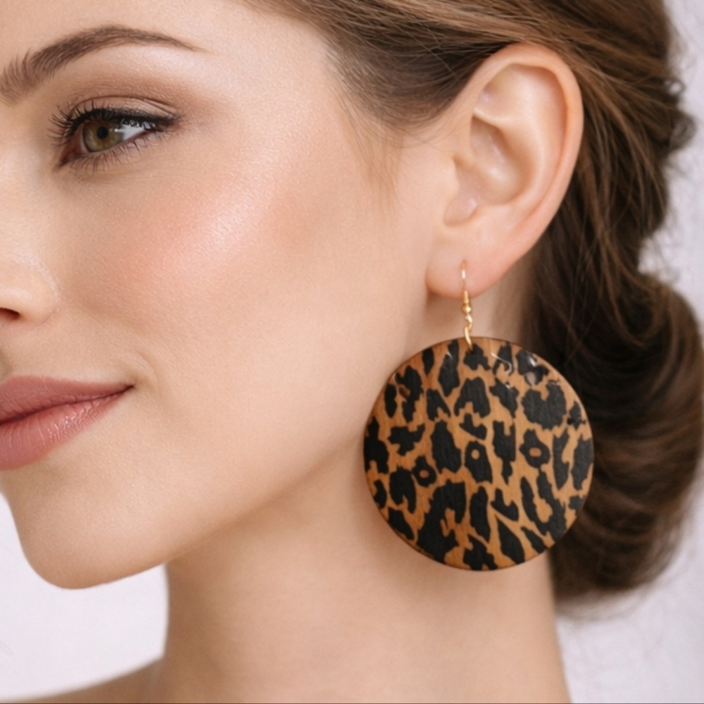 Retro Glam Engraved Leopard Design Large Statement Wooden Circle Disc Earrings